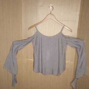 BCBGMaxazria Womens New Blue White Stripe Cold Shoulder Bell Sleeve Blou…